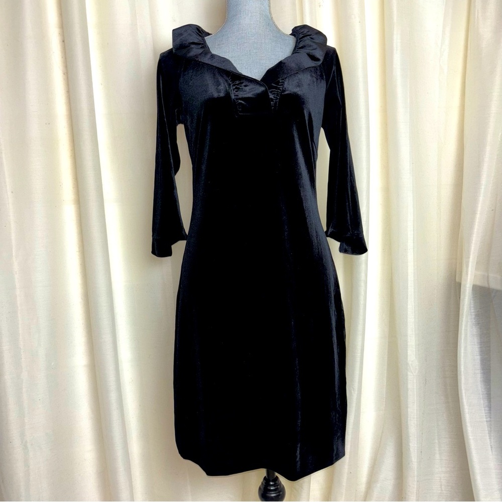 Gretchen Scott Ruffneck Silky Velvet V Neck Party Midi Dress
